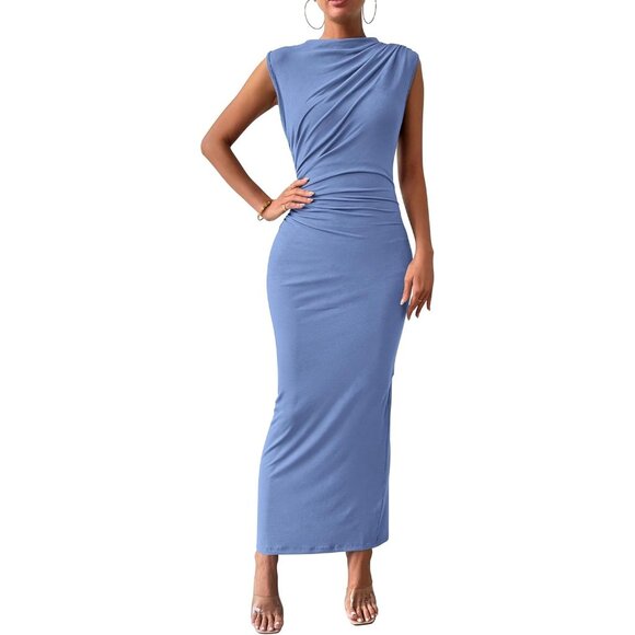 Dresses & Skirts - Women's Blue Ruched Bodycon Summer Casual Sleeveless Slit Elegant Maxi